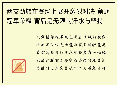 两支劲旅在赛场上展开激烈对决 角逐冠军荣耀 背后是无限的汗水与坚持