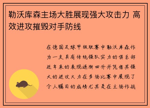 勒沃库森主场大胜展现强大攻击力 高效进攻摧毁对手防线