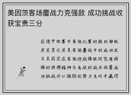 美因茨客场鏖战力克强敌 成功挑战收获宝贵三分