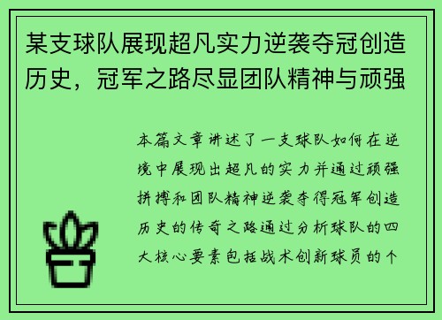 某支球队展现超凡实力逆袭夺冠创造历史，冠军之路尽显团队精神与顽强拼搏