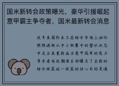 国米新转会政策曝光，豪华引援崛起意甲霸主争夺者，国米最新转会消息