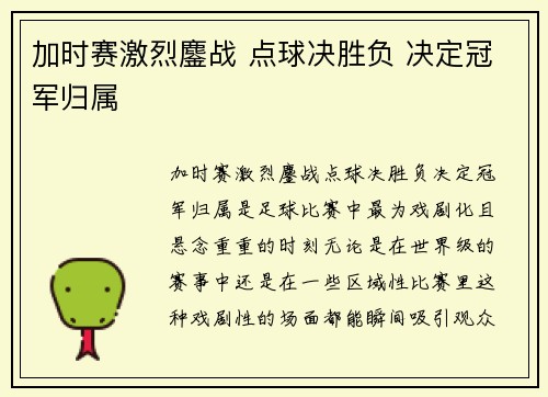加时赛激烈鏖战 点球决胜负 决定冠军归属