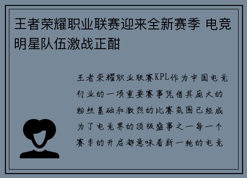 王者荣耀职业联赛迎来全新赛季 电竞明星队伍激战正酣