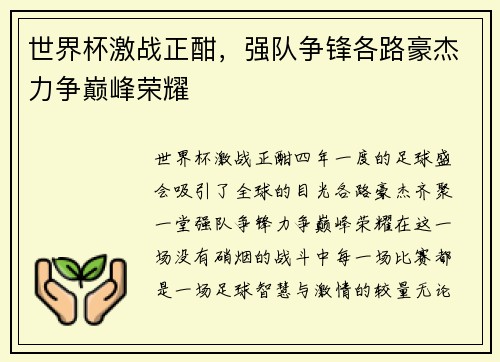 世界杯激战正酣，强队争锋各路豪杰力争巅峰荣耀
